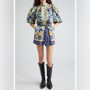 NWT $200 FARM Rio Ocean Tapestry Puff Sleeve Cotton Romper in Medium!